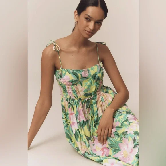 FARM Rio Linen Blend Tie-Strap Sweetheart Babydoll Midi Dress Size XS NEW - Picture 11 of 11